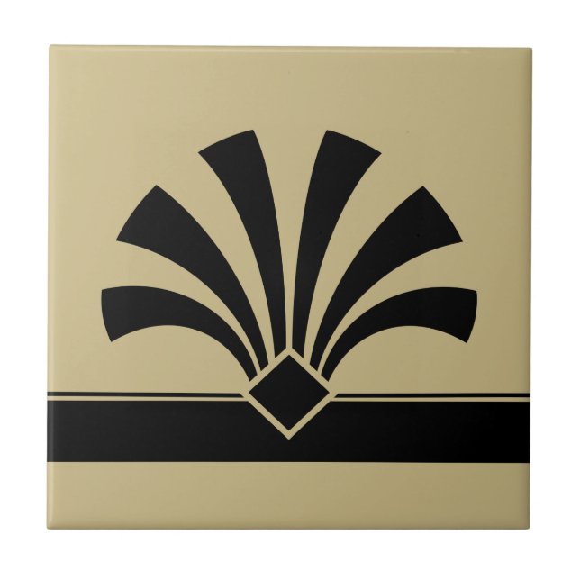 Art Deco Beige Black Geometric Flower Element 06 Tile (Front)