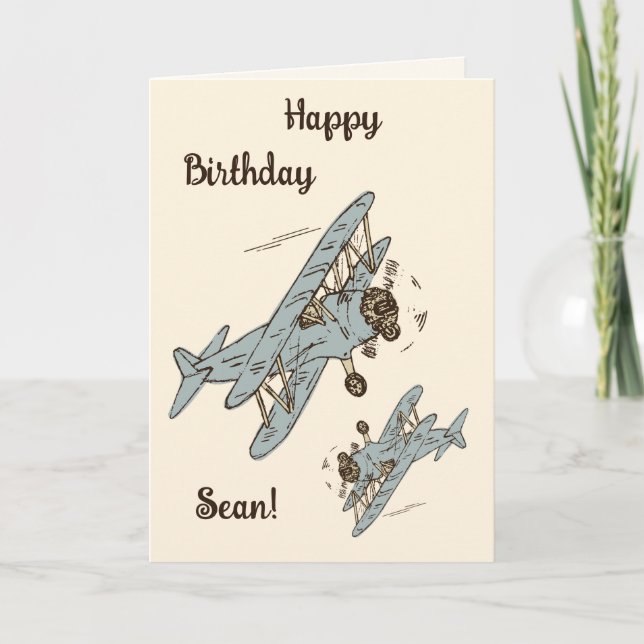 Art Deco Bi-planes - blue Happy Birthday + name. Card (Front)