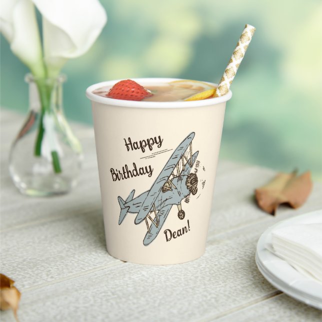 Art Deco Bi-planes - blue Happy Birthday + name. Paper Cups (Insitu)