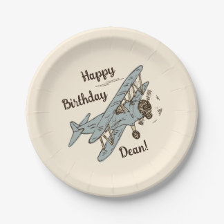 Art Deco Bi-planes - blue Happy Birthday + name. Paper Plate