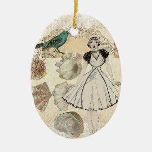 Art deco bird scripts seashells great gatsby girl ceramic tree decoration