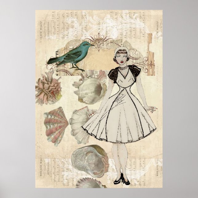 Art deco bird scripts seashells great gatsby girl poster (Front)