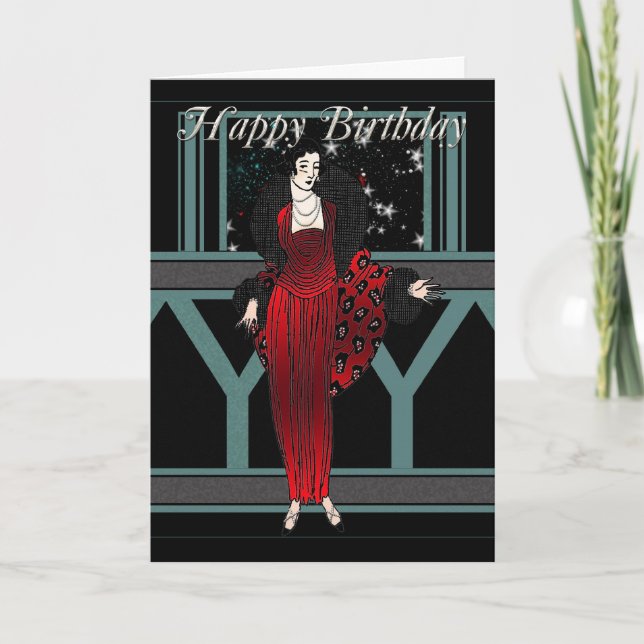 Art Deco Birthday Card With Female In Red And Blac (Front)