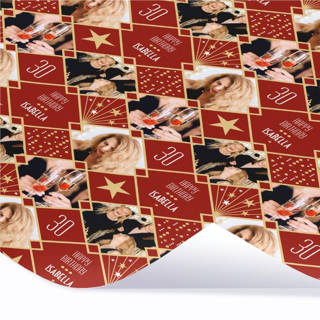 Art Deco Birthday Custom Photo Any Age 30th Red Wrapping Paper (Creator Uploaded)