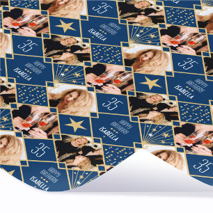 Art Deco Birthday Custom Photo Any Age 35th Navy Wrapping Paper