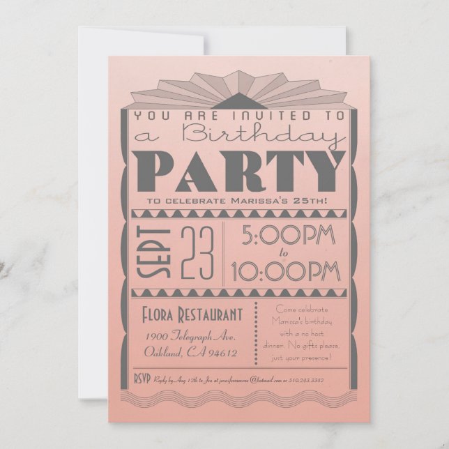 Art Deco Birthday Invitation - Gatsby Style Ombre (Front)