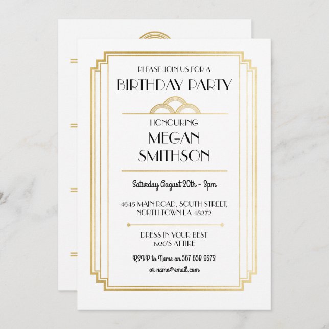 Art Deco Birthday Party 1920's Gatsby Gold Invite (Front/Back)