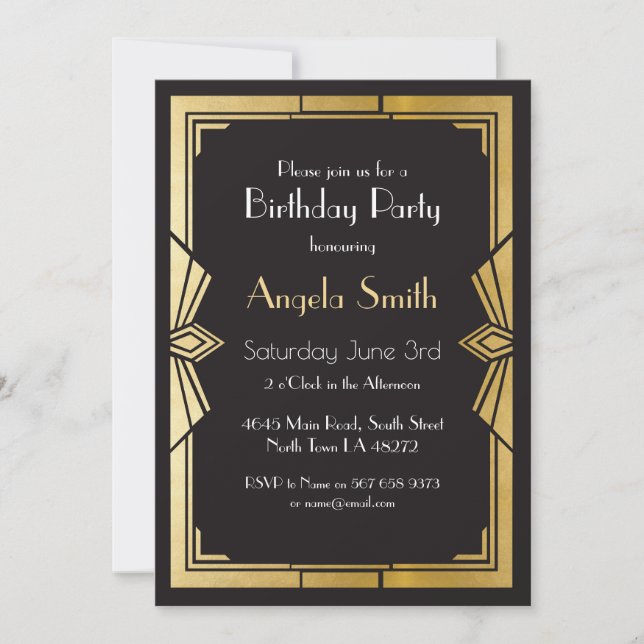 Art Deco Birthday Party Gatsby Black Invite 1920's (Front)