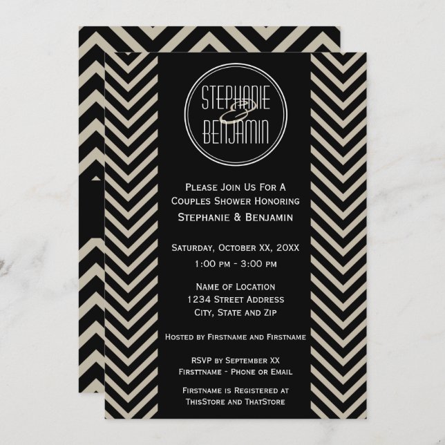 Art Deco Black and Beige Chevron Pattern Invitation (Front/Back)