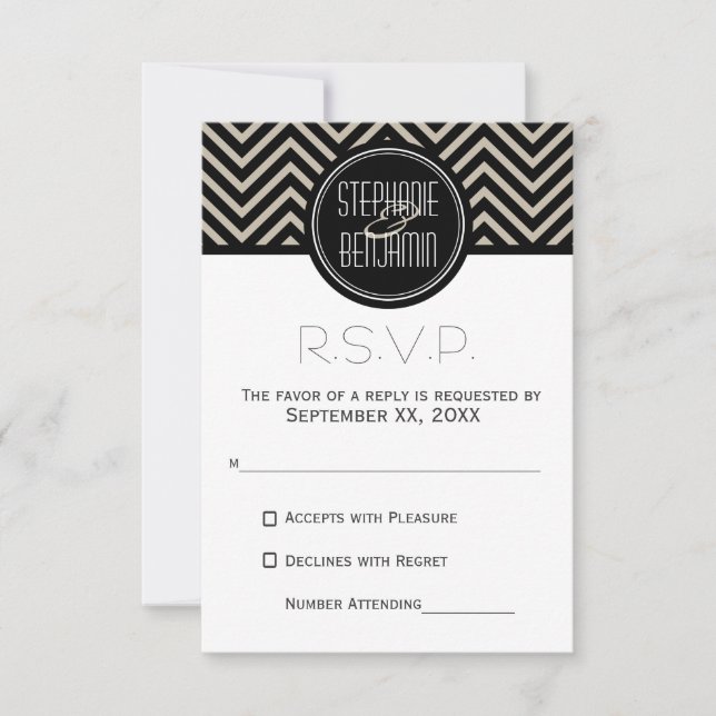 Art Deco Black and Beige Chevron Pattern RSVP Card (Front)