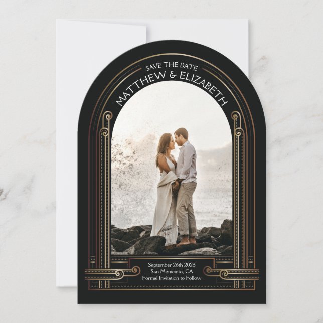 Art Deco Black and Bronze Arch Save the Date Invitation (Front)