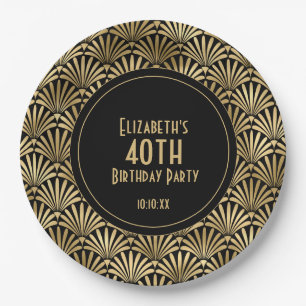 Art Deco Black and Gold 40th Birthday Party Paper Plate