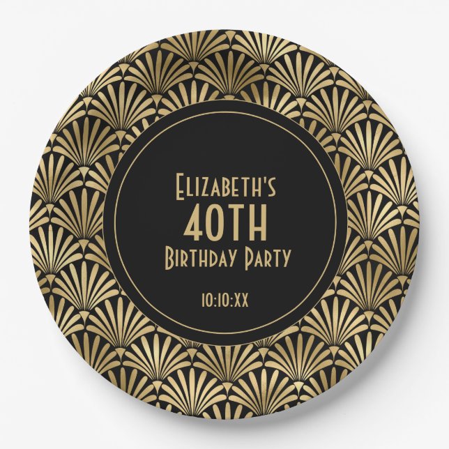 Art Deco Black and Gold 40th Birthday Party Paper Plate (Front)