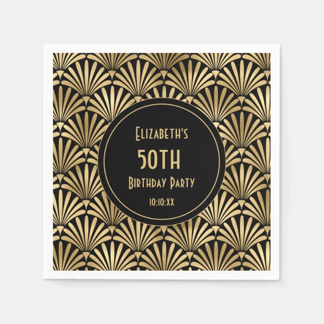 Art Deco Black and Gold 50th Birthday Party   Napkin (Front)