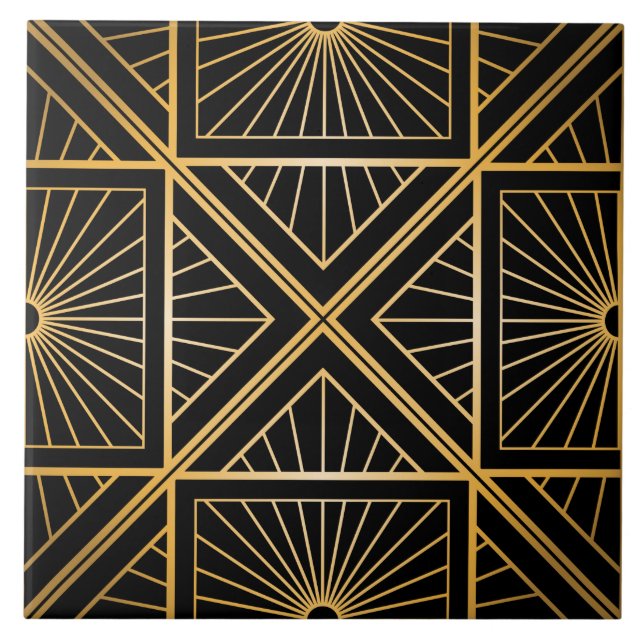Art Deco Black and Gold Abstract Geometric Tile (Front)