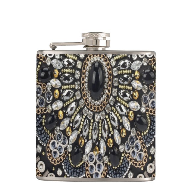 art deco black and gold bohemian pattern  hip flask (Front)