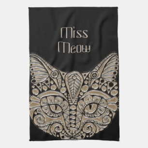 Art deco black and gold cat tea towel