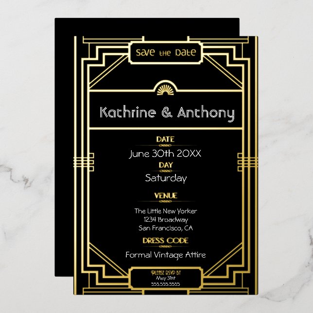 Art Deco Black and Gold Gatsby Save the Date (Front/Back)