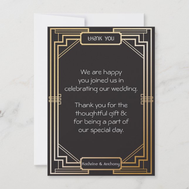Art Deco Black and Gold Gatsby Thank You Invitation (Front)