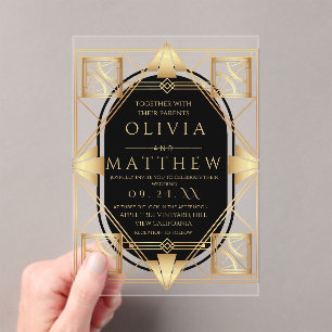 Art Deco Black and Gold Geometric Wedding  Acrylic Invitations