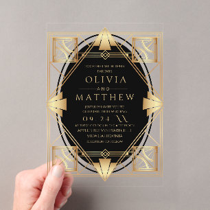 Art Deco Black and Gold Geometric Wedding Acrylic Invitations