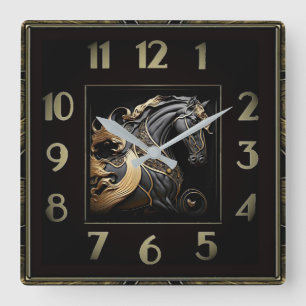 Art Deco  Black and Gold Horse Square Wall Clock