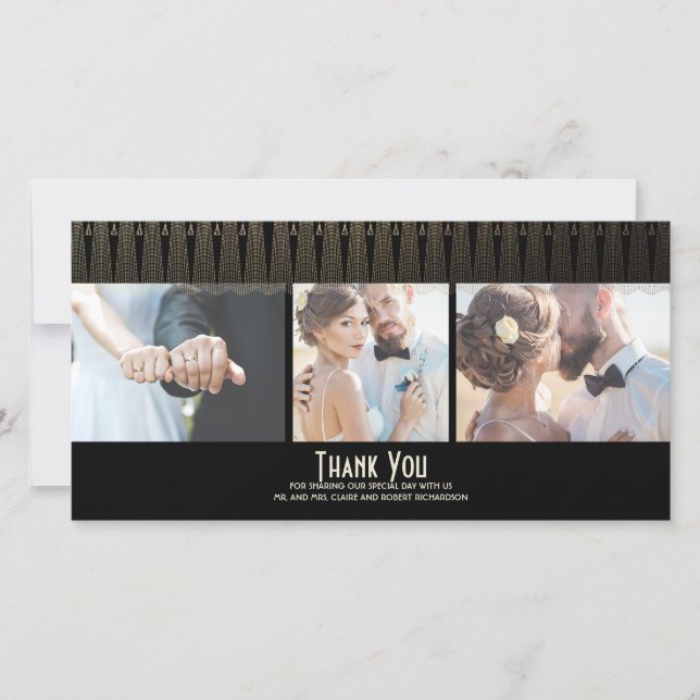 Art Deco Black and Gold Photo Wedding Thank You (Front)