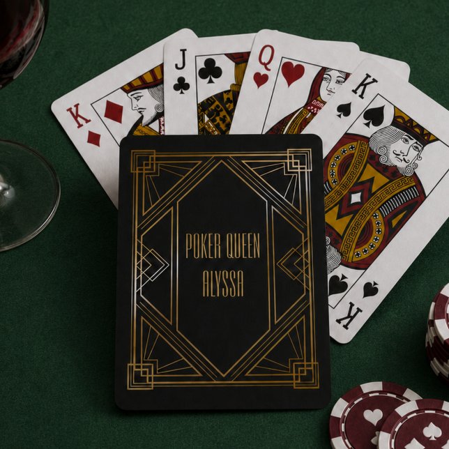 Art Deco Black and Gold Playing Cards (elegant art deco black gold poker queen playing cards with custom monogram name)