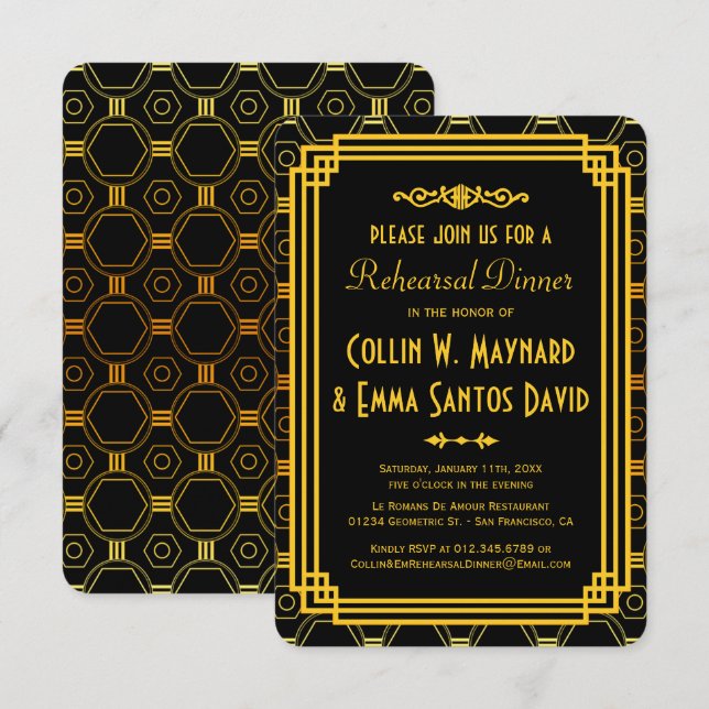 Art Deco Black and Gold Rehearsal Dinner Invitation (Front/Back)