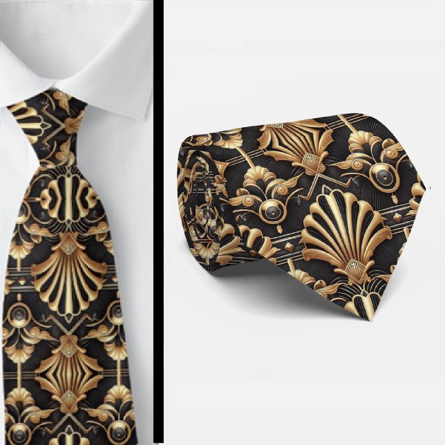 Art Deco Black and Gold Seashell Pattern Neck Tie (Creator Uploaded)
