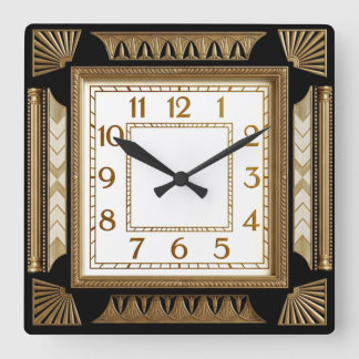 Art Deco Black and Gold Square Wall Clock