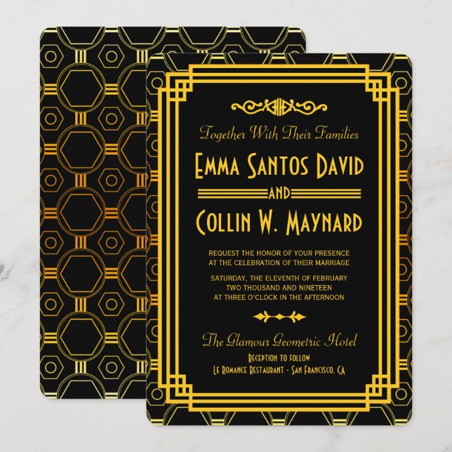 Art Deco Black and Gold Wedding Invitations (Front/Back)
