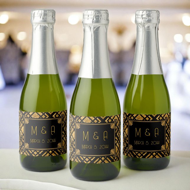 Art Deco Black and Gold Wedding Mini Wine Label (Creator Uploaded)