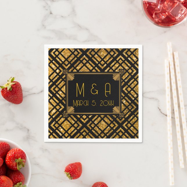 Art Deco Black and Gold Wedding Paper Napkins (Insitu)