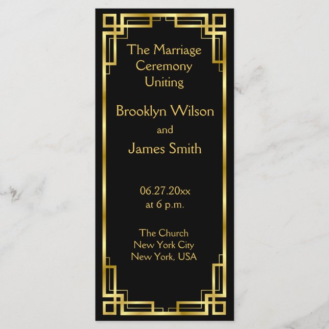 Art Deco Black And Gold Wedding Program Cards (Front)