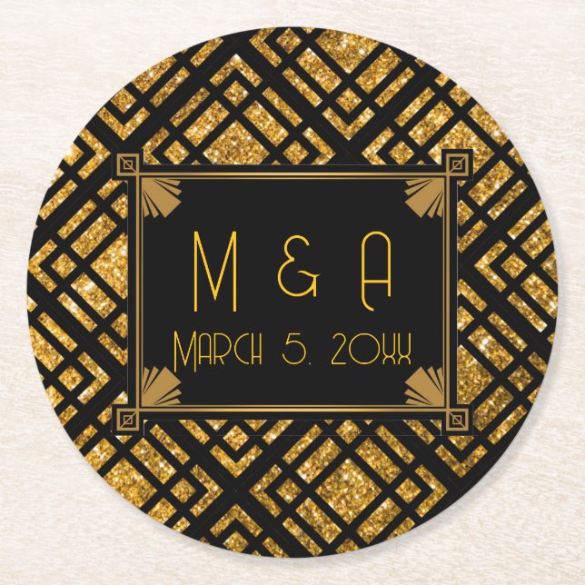 Art Deco Black and Gold Wedding Round Coaster (Front)