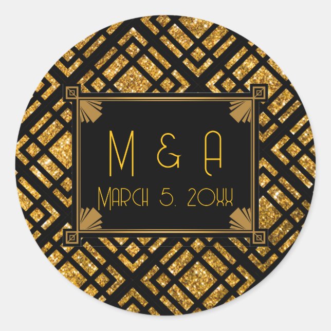 Art Deco Black and Gold Wedding Round Stickers  (Front)