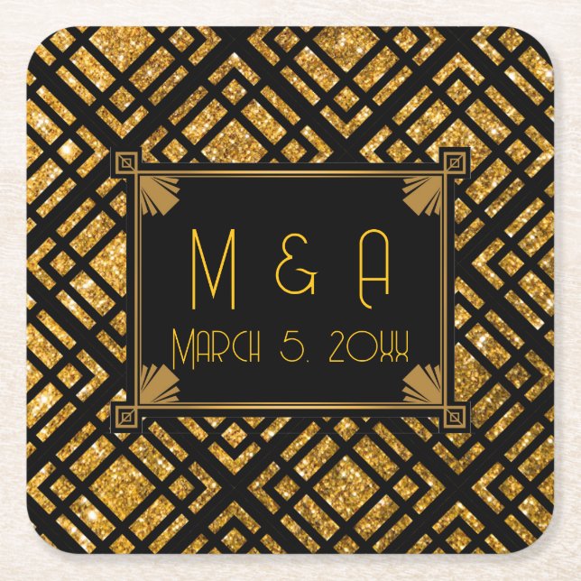 Art Deco Black and Gold Wedding Square Coaster (Front)