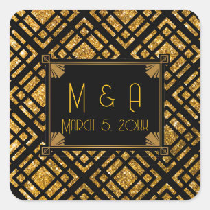 Art Deco Black and Gold Wedding Square Stickers 