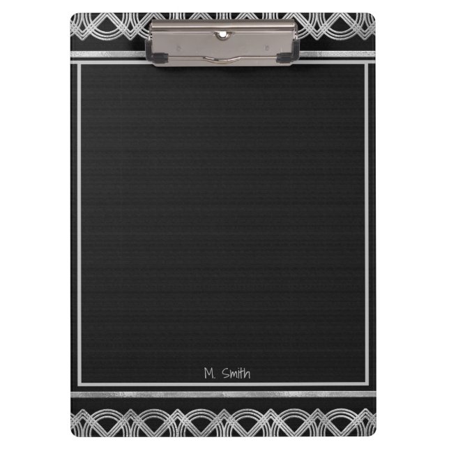 Art Deco Black and Silver Personalised Clipboard (Front)