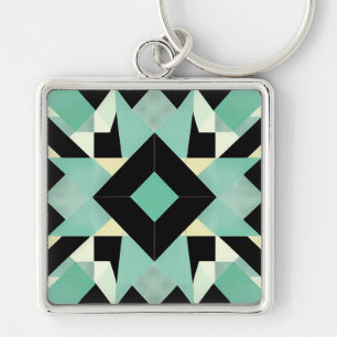 Art Deco Black and Teal Geometric Keychain