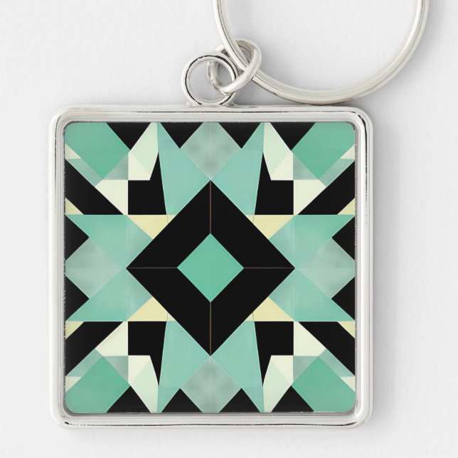 Art Deco Black and Teal Geometric Keychain (Front)