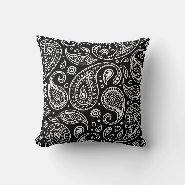 Art Deco Black and White Floral Paisley Pattern Cushion (Front)