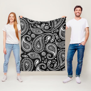Art Deco Black and White Floral Paisley Pattern Fleece Blanket