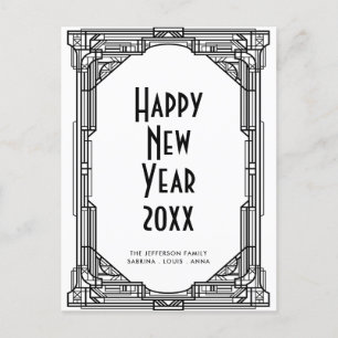 Art deco black and white Happy New Year Postcard