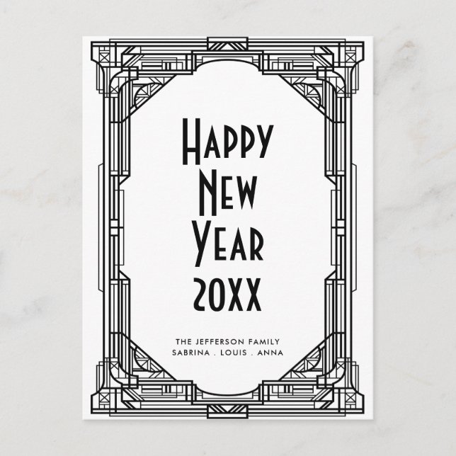 Art deco black and white Happy New Year Postcard (Front)