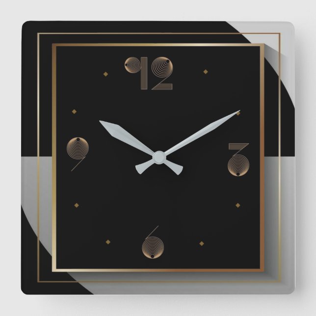 Art Deco Black and White Square Wall Clock (Front)
