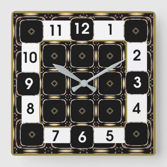 Art Deco Black and White Square Wall Clock (Front)