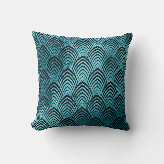 Art Deco Black Aquatic Geometric Scales Classic Cushion (Front)