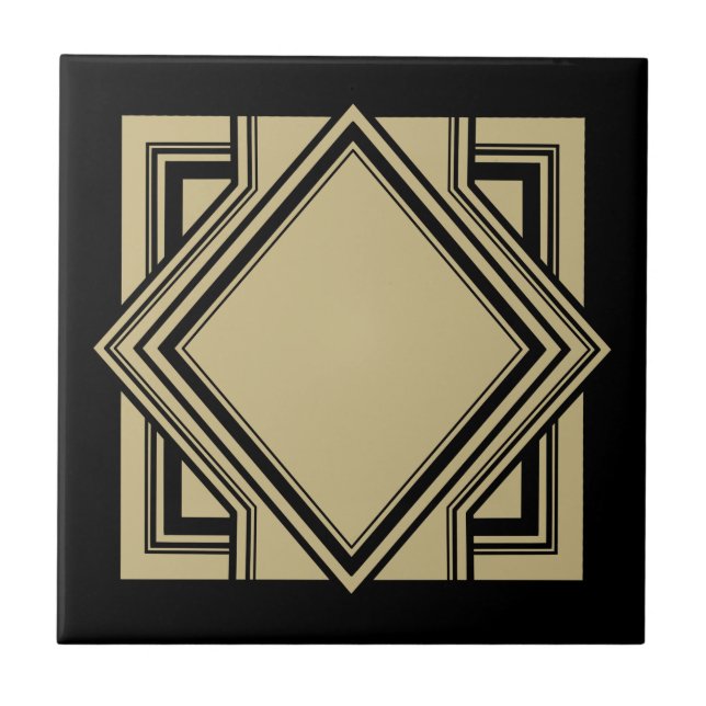 Art Deco Black Beige Gold Chic Geometric Square 05 Tile (Front)